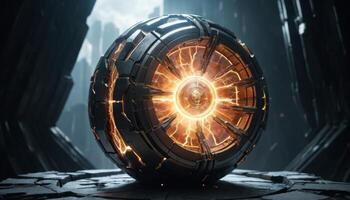 Futuristic glowing sphere surrounded by dark geometric structures with radiant energy emanating from its core in a sci-fi environment photo
