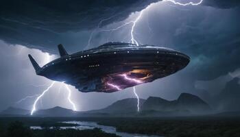 Mysterious UFO Encounter Over Stormy Landscape with Lightning and Dark Clouds photo