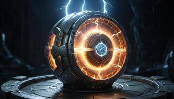 Futuristic Energy Sphere with Electric Pulses in a Dark, Sci-Fi Environment photo
