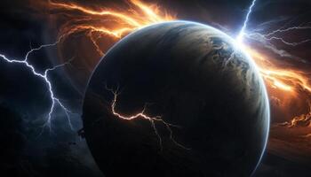 Dramatic Planetary Landscape with Lightning Strikes and Fiery Skies in Deep Space Environment photo