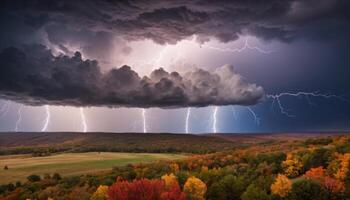 Dramatic Thunderstorm Over Colorful Autumn Landscape with Lightning Strikes and Dark Clouds photo