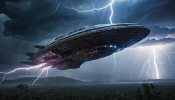 Sci-fi Spaceship in Stormy Sky with Lightning Over Green Landscape and Dark Clouds Above photo