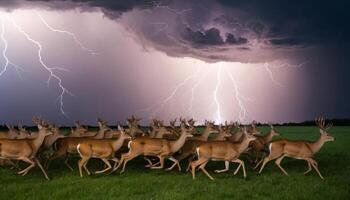 Herd of deer running through green field under dramatic lightning and stormy sky at dusk, capturing nature's wild beauty photo