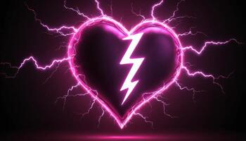 Electric Heart with Lightning Bolt Surrounded by Pink Lightning on Dark Background for Creative and Dynamic Concepts photo