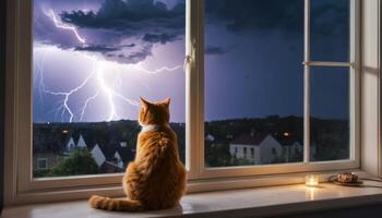 Cat Watching Thunderstorm Through Window with Lightning Strikes and Dark Clouds in a Cozy Home Environment at Night photo