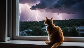Orange Tabby Cat Observing Thunderstorm Through Window with Lightning Strikes in Background Over Urban Landscape photo