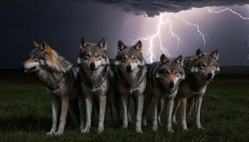 Pack of Wolves in Stormy Landscape with Lightning and Dark Clouds at Night photo