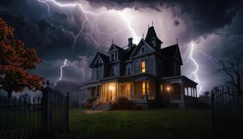 Eerie Victorian mansion illuminated by a warm light amidst a dramatic thunderstorm with dark clouds and lightning strikes photo