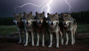 Pack of Wolves Under Stormy Sky with Lightning Live in Wild Nature Setting at Twilight Hour photo