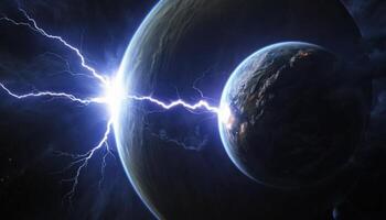 Dramatic Cosmic Event with Lightning Striking the Surface of a Planet Amidst a Celestial Background of Stars and Galaxies photo