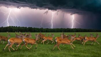 Flock of deer running across a lush green field under dark storm clouds with lightning in the background photo