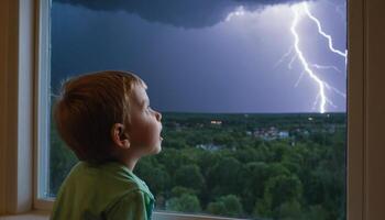 Child Gazing at Dramatic Lightning During Thunderstorm Through Window at Night with Stormy Sky and Dark Clouds photo