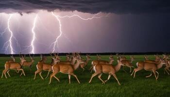 Herd of Deer Running Across Open Field Under Dramatic Stormy Sky with Lightning Strikes and Dark Clouds photo
