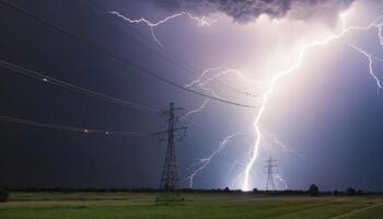 Dramatic Lightning Strike Over Field with Power Lines Under Dark Storm Clouds at Night photo
