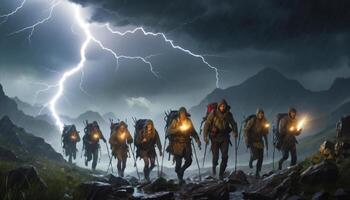 Adventurous Group of Hikers Trekking Through Stormy Weather with Lightning and Dark Clouds in the Background photo