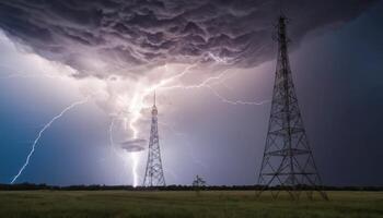Dramatic Lightning Strikes in Stormy Sky Over Communication Towers During Night with Dark Clouds and Bright Flashes photo