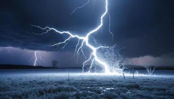 Dramatic Lightning Strike Illuminates Dark Night Sky with Storm Clouds and Field in the Foreground photo