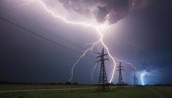 Dramatic Thunderstorm with Striking Lightning Illuminating Power Lines Against a Dark Cloudy Sky photo