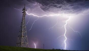 Dramatic Lightning Strike Near Communication Tower Under Dark Stormy Clouds photo