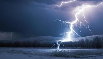 Intense Winter Thunderstorm Displaying Thunder, Lightning Strikes Over Snowy Landscape with Dark Clouds and Mountain Range photo