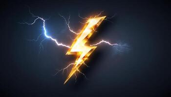 Golden lightning bolt design with blue energy sparks on dark background for creative power and electric themes photo