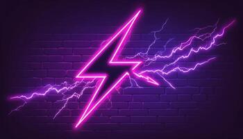 Neon lightning bolt design with vibrant pink color against a dark brick wall background, perfect for energetic themes photo