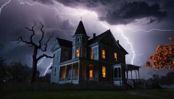 Spooky Victorian House Under Dramatic Lightning Storm With Dark Clouds and Eerie Atmosphere at Night photo