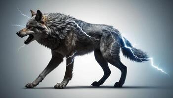 Fierce Wolf Surrounded by Electric Lightning with Striking Energy and Intense Expression in a Dramatic Setting photo