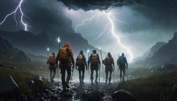 Dramatic Adventure Scene with Group of Hikers Exploring a Stormy Landscape Under Dark Clouds and Lightning Strikes photo
