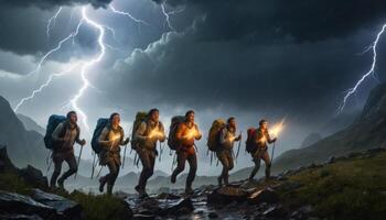 Adventure Seekers Hiking Under Dark Storm Clouds with Lightning in Background photo