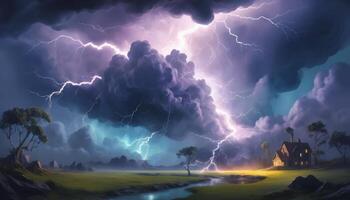 Dramatic Thunderstorm Over Serene Landscape with Lightning Striking Clouds and Isolated House in the Distance photo