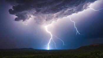 Dramatic Lightning Strikes Down from Dark Storm Clouds Over an Open Landscape with Distant Mountains and Flash of Light photo