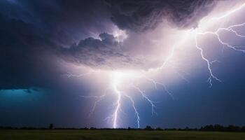 Dramatic Lightning Strikes Illuminating Dark Storm Clouds Over Open Field in Rural Landscape at Night photo