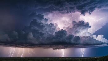 Dramatic Thunderstorm with Lightning Strikes Illuminating Dark Clouds over Landscape at Night photo