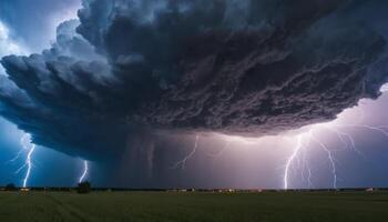 Dramatic Thunderstorm With Dark Clouds and Striking Lightning Over Open Field at Dusk photo