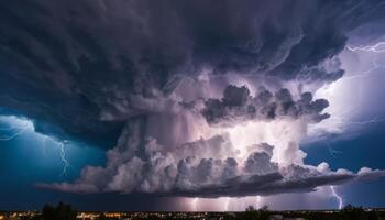 Dramatic Thunderstorm with Rolling Clouds, Lightning Strikes and Dark Skies Illuminating the Night Landscape photo