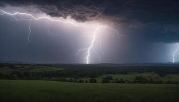 Dramatic Thunderstorm with Striking Lightning Over Serene Green Landscape Under Dark Skies photo