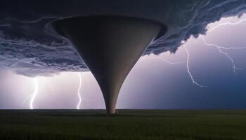 Dramatic Tornado Forming Under Dark Storm Clouds with Lightning Striking in the Background photo