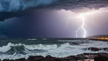 Dramatic Lightning Strike Over Ocean Waves Under Dark Storm Clouds at Dusk in a Coastal Landscape photo
