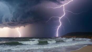 Dramatic Lightning Strikes Over Stormy Ocean Waves Under Dark Clouds with Intense Weather Conditions photo