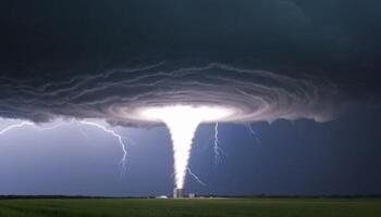 Dramatic Tornado Forms Near Industrial Structure Under Dark Storm Clouds with Lightning Strikes Illuminating the Scene photo