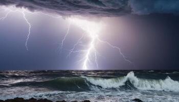 Dramatic Lightning Strike Brightens Dark Clouds Over Choppy Ocean Waves During Intense Thunderstorm at Dusk photo