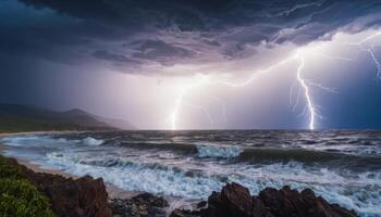 Dramatic Lightning Storm Over Ocean Waves with Dark Clouds and Coastal Landscape at Dusk photo