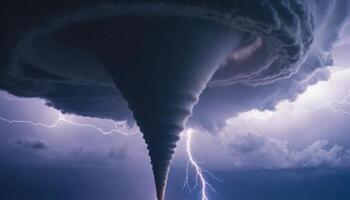 Dramatic Tornado Touching Down with Lightning Illuminating Dark Stormy Skies Above the Landscape photo