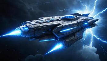 Futuristic spacecraft navigating through dark clouds and striking lightning with glowing blue engines and metallic design photo