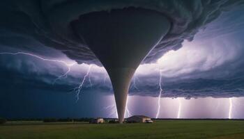 Dramatic Tornado Formation Under Stormy Skies with Lightning Strikes and Dark Clouds Over Open Fields photo