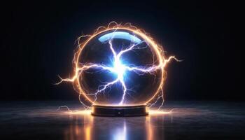 Futuristic glowing crystal ball with electric sparks radiating energy in a dark mystical environment photo