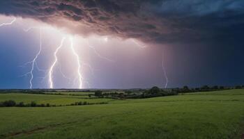 Dramatic Lightning Strikes Over Rolling Green Fields Under Dark Storm Clouds in a Captivating Natural Landscape photo