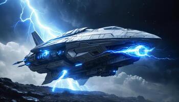 Futuristic spaceship in dramatic stormy sky with electric lightning bolts and dark clouds, showcasing advanced technology and exploration photo