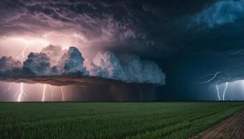 Dramatic Lightning Storm Over Rural Landscape with Dark Clouds and Vibrant Lightning Strikes in a Green Field photo